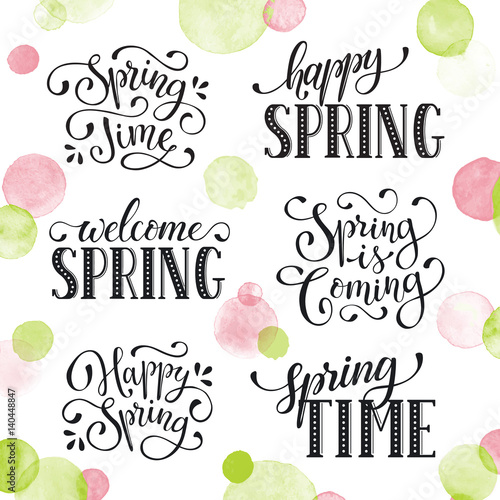 Hand written Spring time phrases with birds. Greeting card text templates isolated on white background. Welcome Spring lettering in modern calligraphy style. Hello Spring wording.