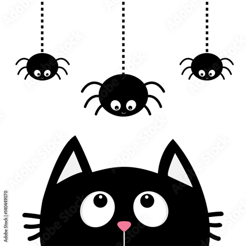 Fototapeta Naklejka Na Ścianę i Meble -  Black cat face head silhouette looking up to three hanging on dash line web sprider insect. Cute cartoon character. Kawaii animal. Baby card. Pet collection. Flat design White background. Isolated.