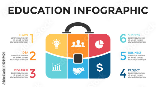Vector briefcase infographic. Template for bag diagram, graph, presentation, round chart. Business professional portfolio with 6 options, parts, steps or processes. Travel and tourism concept.