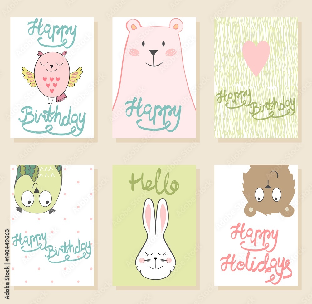 Collection of cute artistic cards for kids. Funny animals in vector.