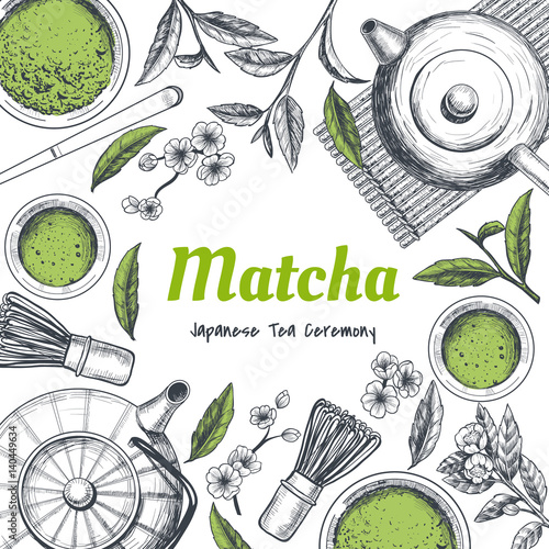 Vector frame with tea. Japanese tea ceremony. Matcha tea. Vintage style