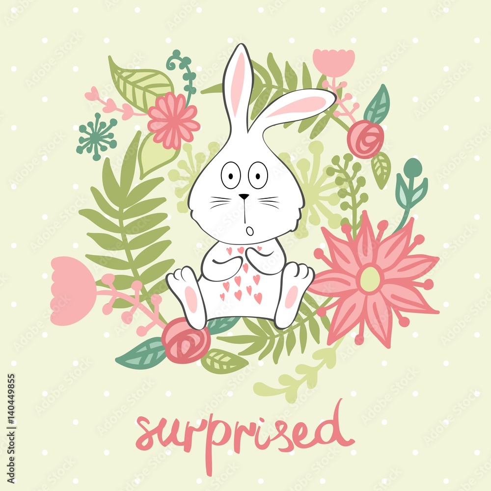 vector floral illustration with cartoon bunny. Surprised.