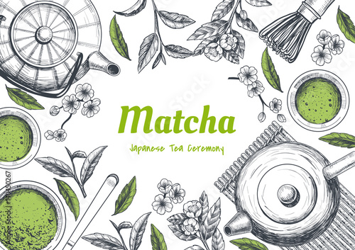 Vector frame with tea. Japanese tea ceremony. Matcha tea. Vintage style