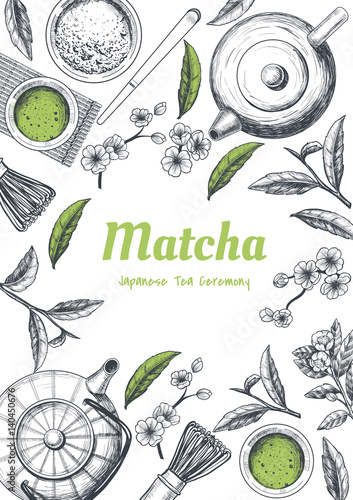 Vector frame with tea. Japanese tea ceremony. Matcha tea. Vintage style