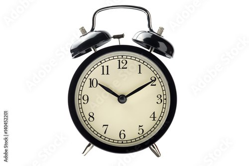 black vintage alarm clock isolated on white background with clipping path