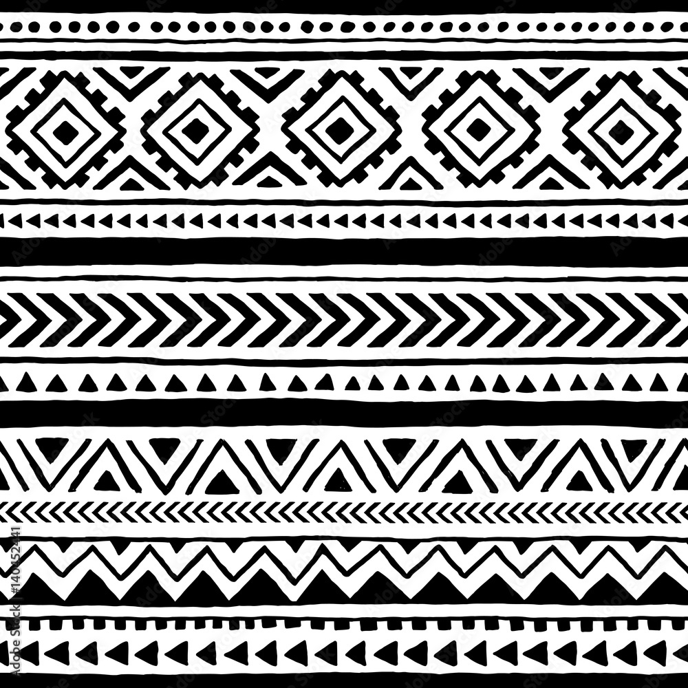 Seamless ethnic and tribal pattern. Handmade. Horizontal stripes. Black-and-white print for your textiles.