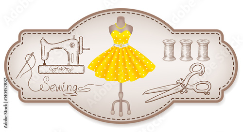 Decorative frame for workshop advertising stickers with  hand drawn dress and sewing tools
