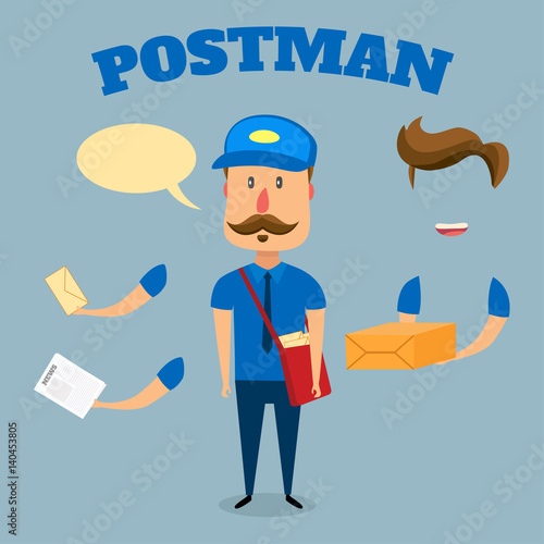 Postman with a bag in cartoon style. Pack of body parts and equipment.