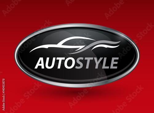 Concept auto vehicle dealership logo design of black and silver chrome badge icon on red background with white and grey abstract sports car silhouette. Vector illustration.