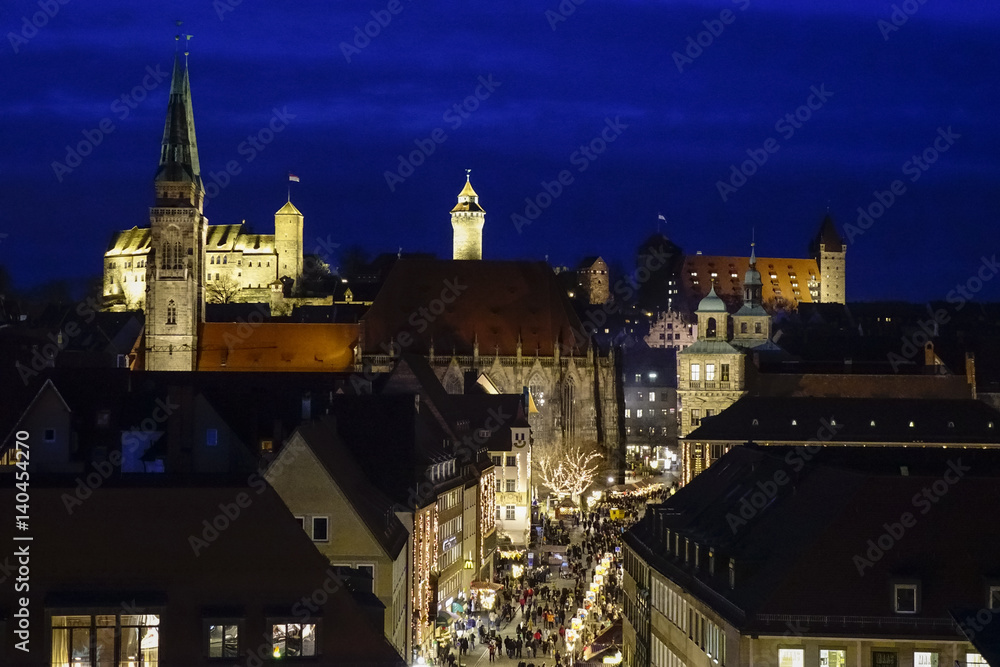 St. Sebaldus Church and Nuremberg Castle at Night, Nuremberg, Middle Franconia, Franconia, Bavaria, Germany, Europe