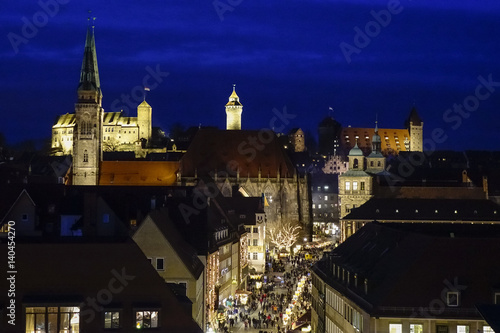 St. Sebaldus Church and Nuremberg Castle at Night, Nuremberg, Middle Franconia, Franconia, Bavaria, Germany, Europe