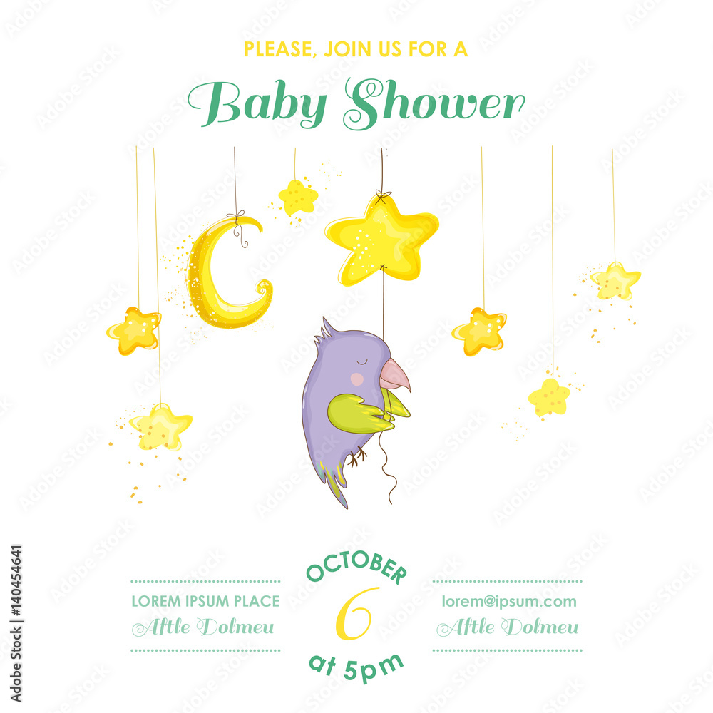 Cute Newborn Parrot Sleeping on a Star. Baby Shower or Arrival Card in vector