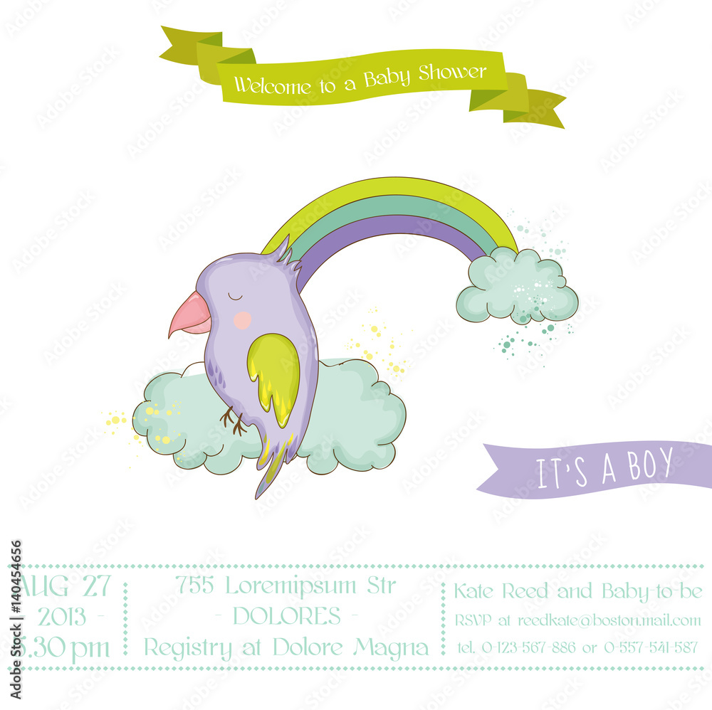Cute Parrot on a Rainbow. Baby Shower or Arrival Card in vector