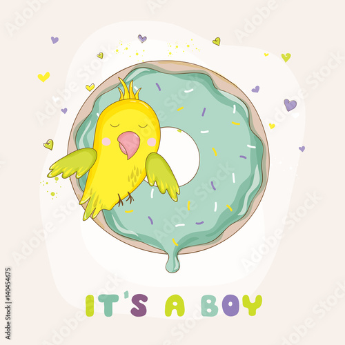 Cute Parrot on a Colorful Donut. Baby Shower or Arrival Card in vector