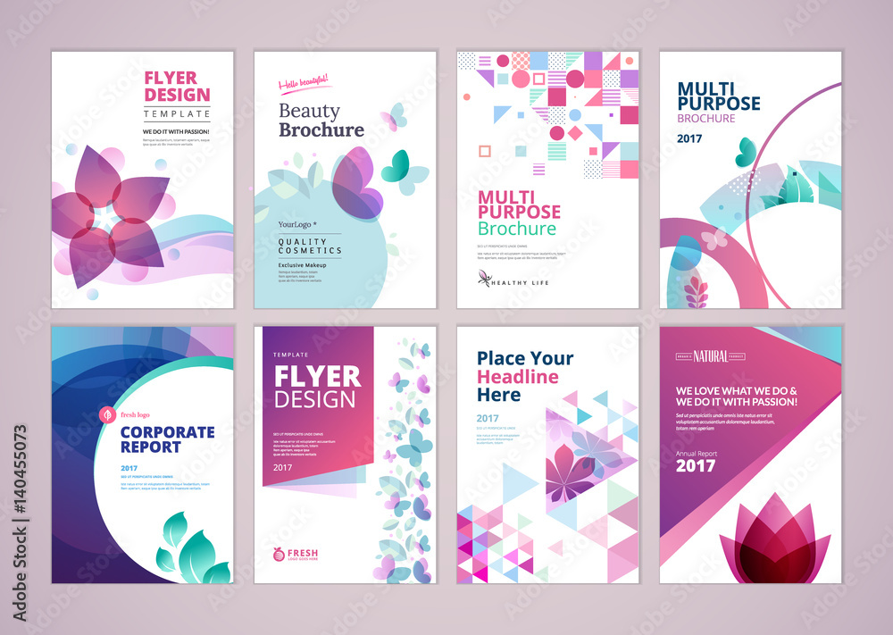 Beauty and wellness brochure cover design and flyer layout templates collection. Vector illustrations for marketing material, ads and magazine, products presentation templates. - obrazy, fototapety, plakaty 