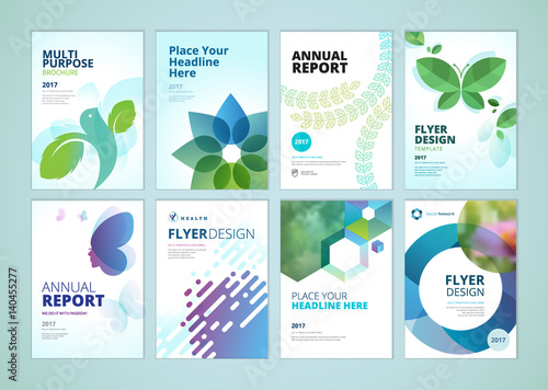 Beauty and natural products brochure cover design and flyer layout templates collection. Vector illustrations for marketing material, ads and magazine, products presentation templates.