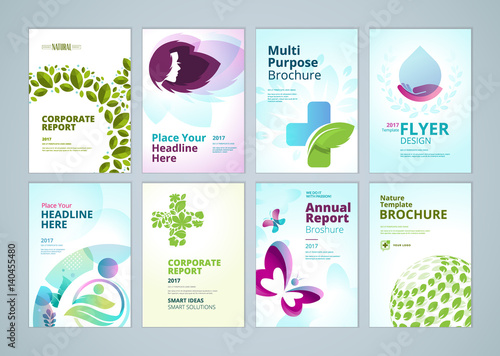 Healthcare and natural products brochure cover design and flyer layout templates collection. Vector illustrations for marketing material, ads and magazine, products presentation templates.