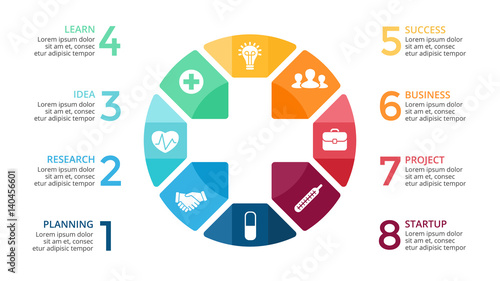 Vector plus infographic, medical diagram, healthcare graph, hospital presentation, emergency chart. Medicine doctor logo. Concept with 8 options, parts, steps, processes.