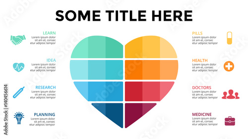Vector love infographic, medical diagram, heart graph, Valentines day presentation, care chart. Medicine doctor logo. Human organ concept with 8 options, parts, steps, processes.