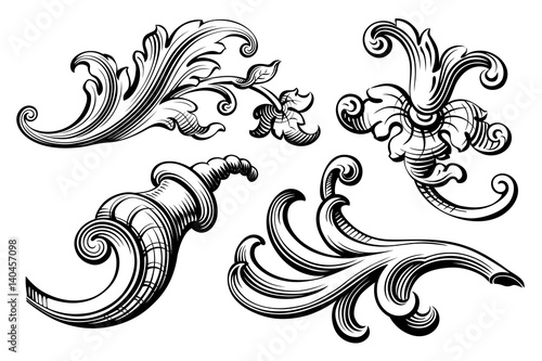 Vintage Baroque Victorian frame border monogram floral engraved scroll ornament leaf retro flower pattern decorative design tattoo black and white filigree calligraphic vector heraldic shield swirl