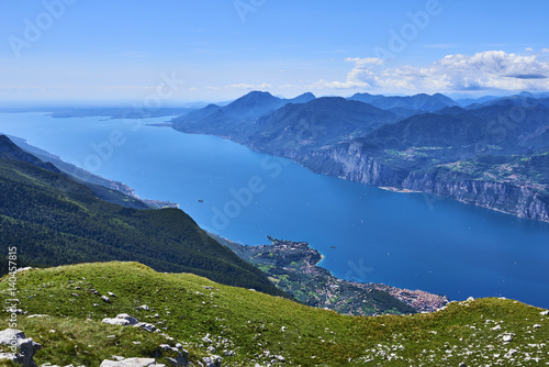 Aerial view of a nice mountain view Garda Lake nad Malcesine city from the trail at Monte Baldo in Italy.