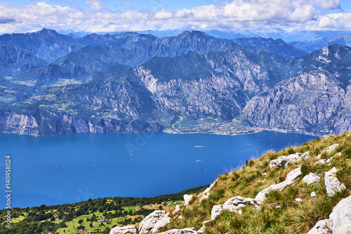 Aerial view of a nice mountain view Garda Lake nad Malcesine city from the trail at Monte Baldo in Italy.