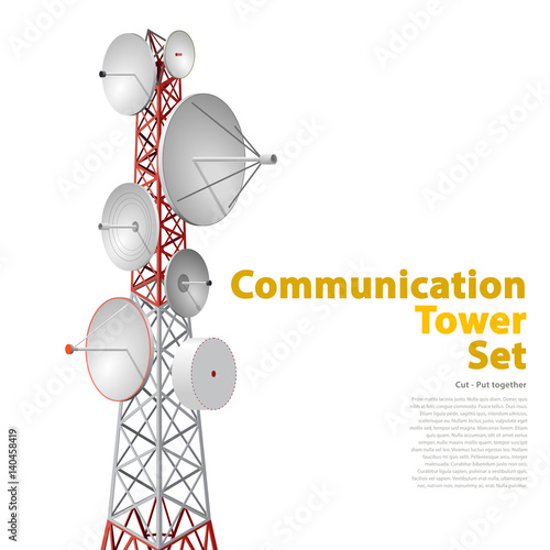 Vector satellite tower in isometric perspective isolated on white background. Red-white communications tower with typography layout. Detail of transmission Tower telephone and television signals.