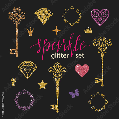 Set collection of golden glitter diamonds, hearts, stars, frames, butterfly and keys on black background.