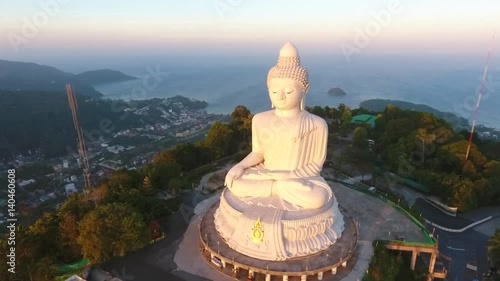 White Big Buddha Statu. Popular Tuoristic Viewpoint Place. Natural Sunrise Light. HD Aerial View. Phuket, Thailand. photo