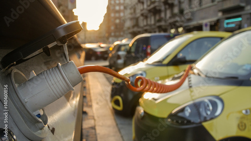 Power supply for electric car charging. City electric car charging station. Close-up.