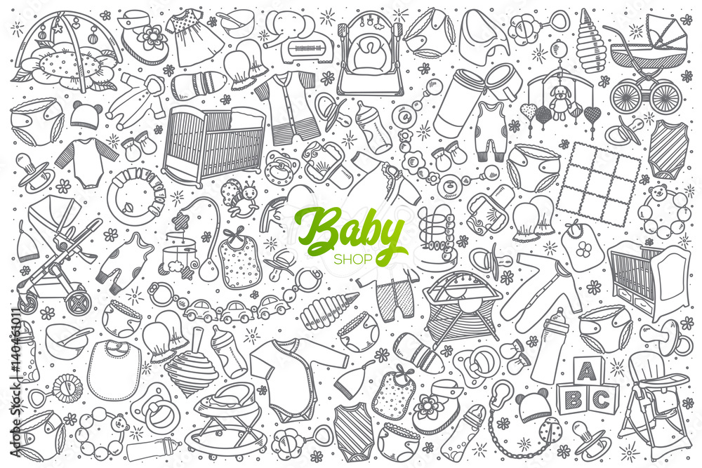 Hand drawn baby shop doodle set background with green lettering in vector