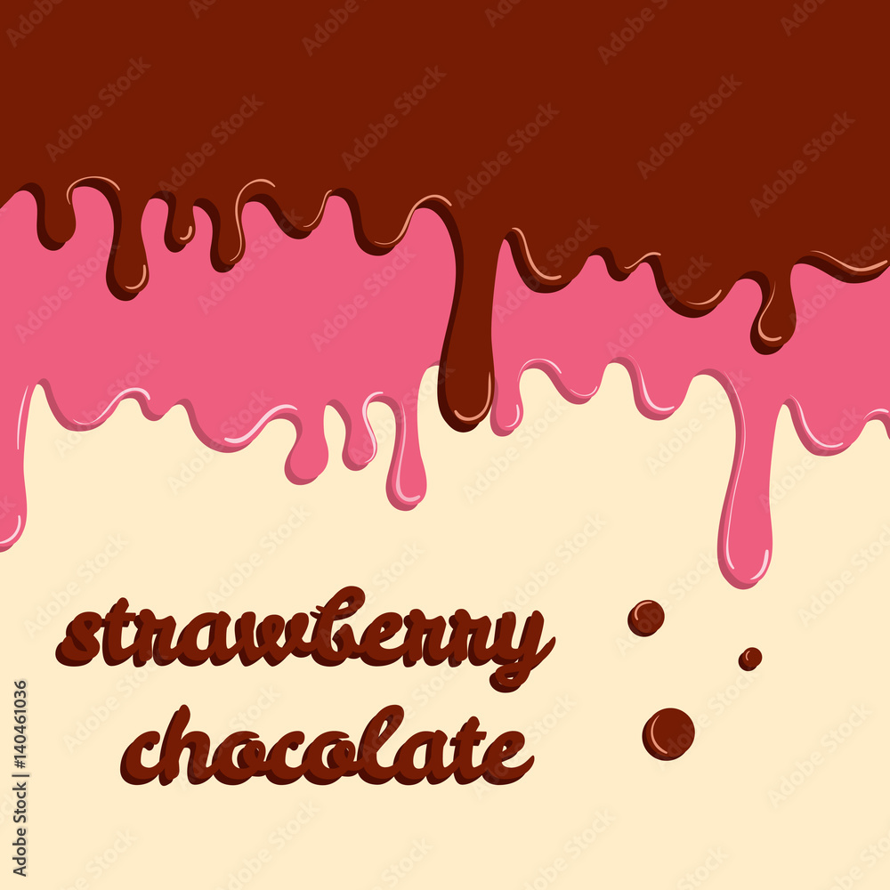 Dripping donut glaze background. Strawberry and chocolate liquid sweet flow, tasty dessert topping with colorful sprinkles. Doughnut or ice cream drips. Vector illustration. Food theme