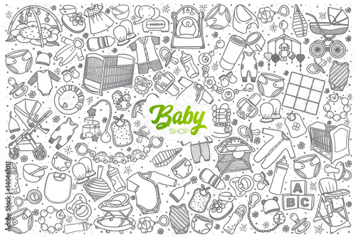 Hand drawn baby shop doodle set background with green lettering in vector