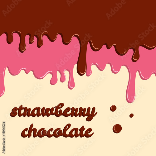 Dripping donut glaze background. Strawberry and chocolate liquid sweet flow, tasty dessert topping with colorful sprinkles. Doughnut or ice cream drips. Vector illustration. Food theme