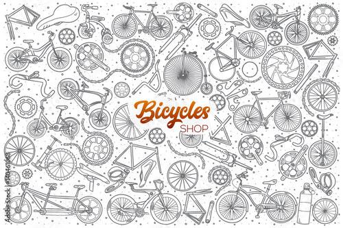 Hand drawn bicycles shop doodle set background with orange lettering in vector