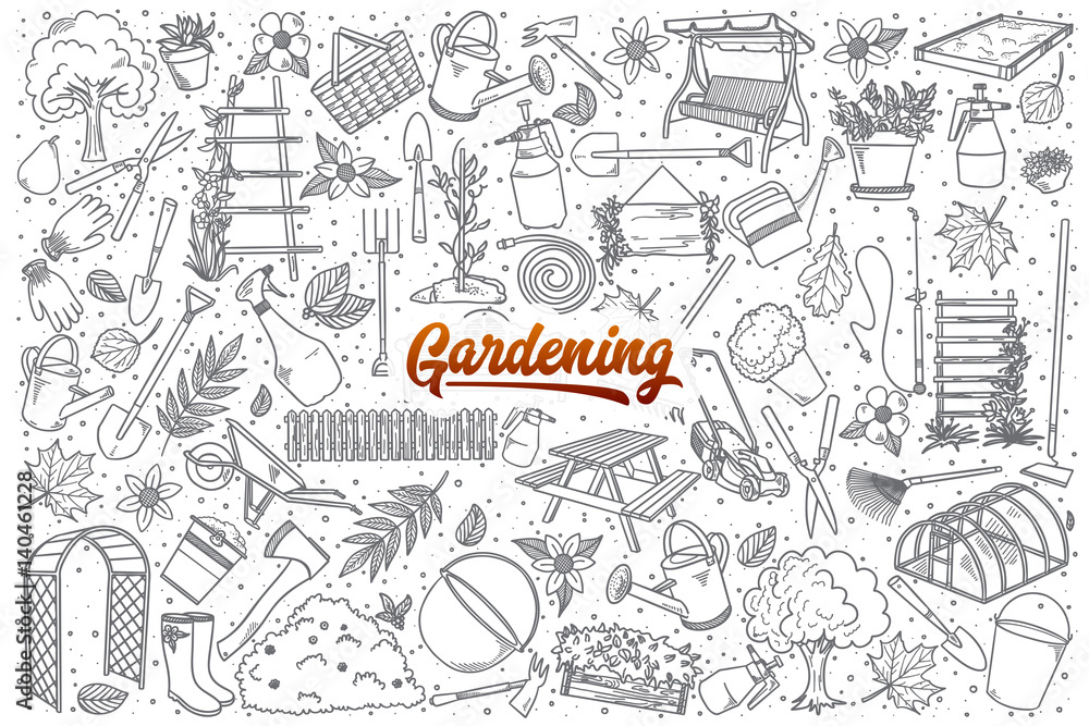 Hand drawn gardening doodle set background with dark orange lettering in vector