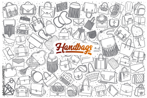 Hand drawn handbag doodle set background with orange lettering in vector