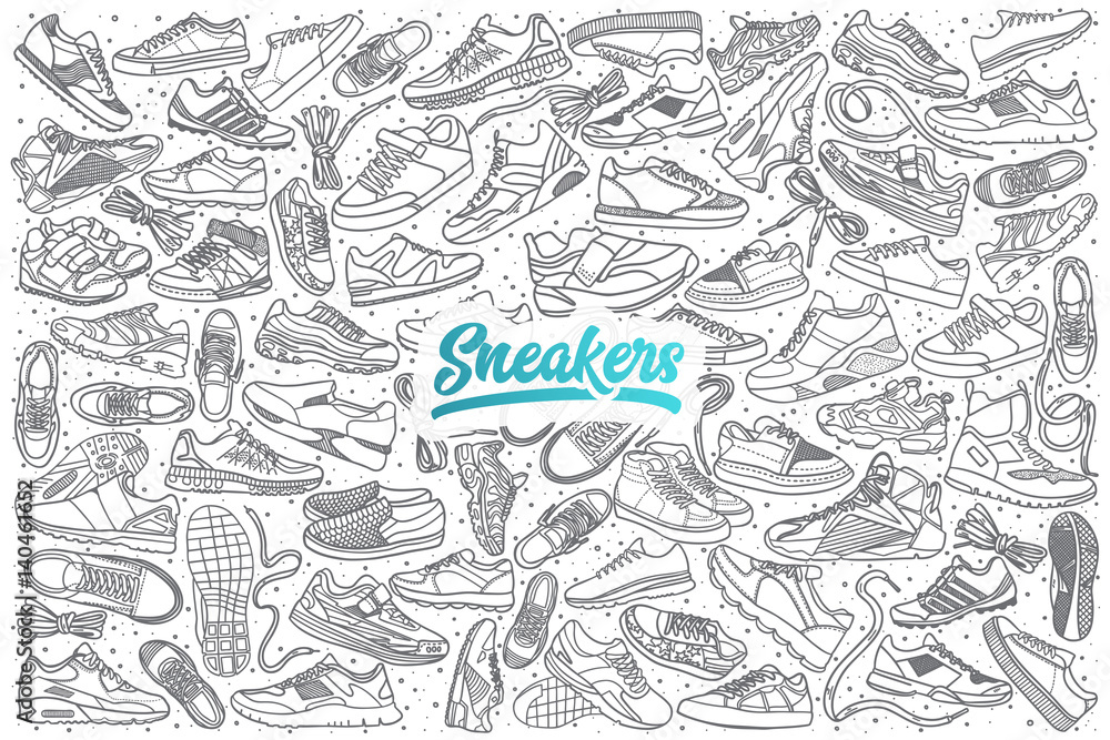 Hand drawn sneakers doodle set background with blue lettering in vector