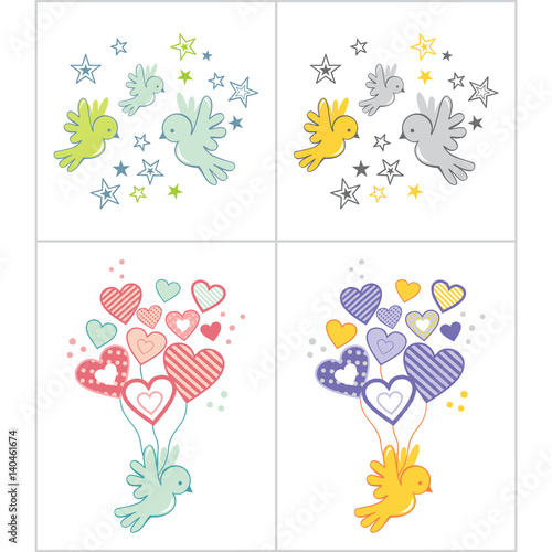 Cute bird illustrations with stars and hearts  vector