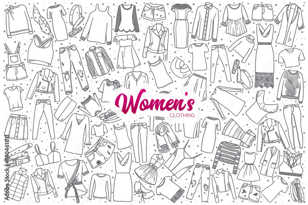 Hand drawn women's clothing doodle set background with purple lettering in vector