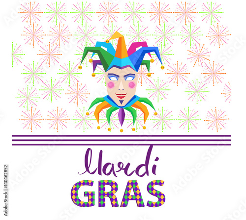 Mardi Gras Colorful Jester Mask and Hat on White