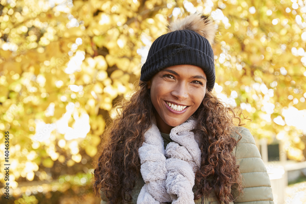 Outdoor Portrait Of Smiling Woman Wearing Scarf In Autumn Outdoor Portrait Of Smiling Woman Wearing Scarf In Autumn