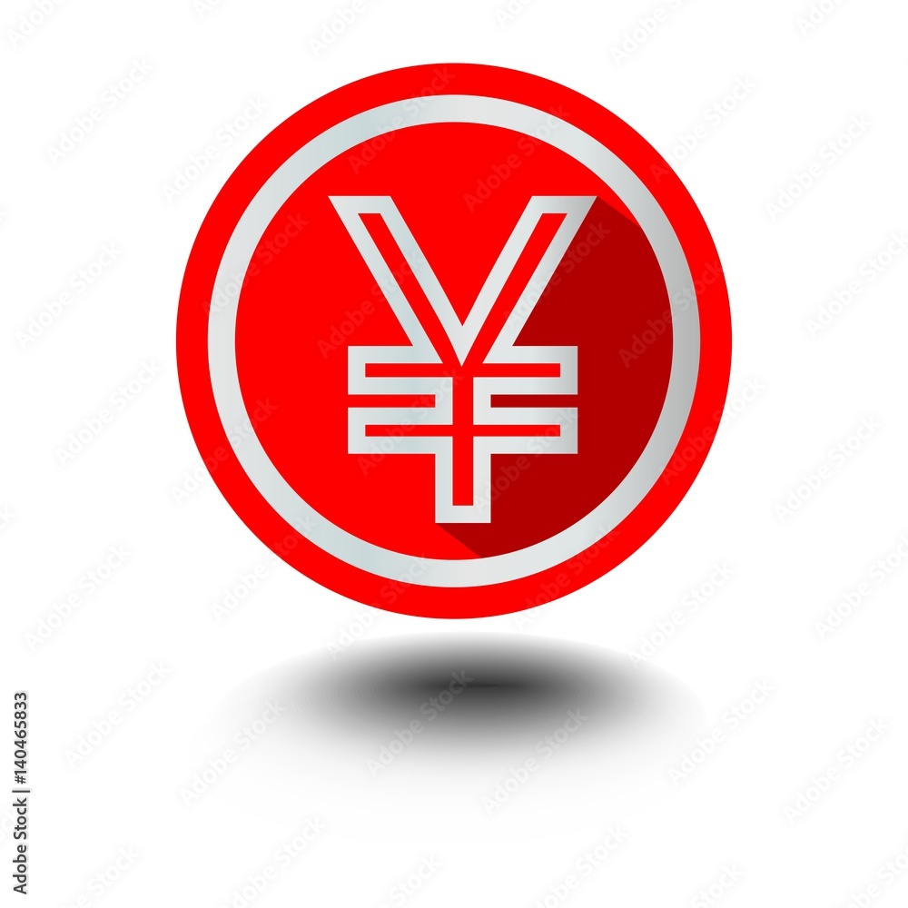 Yen japanese currency symbol in circle red shape with long shadow, isolated object on white background Yen japanese currency symbol in circle red shape with long shadow, isolated object on white background