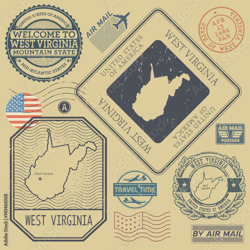 Retro vintage postage stamps set West Virginia, United States