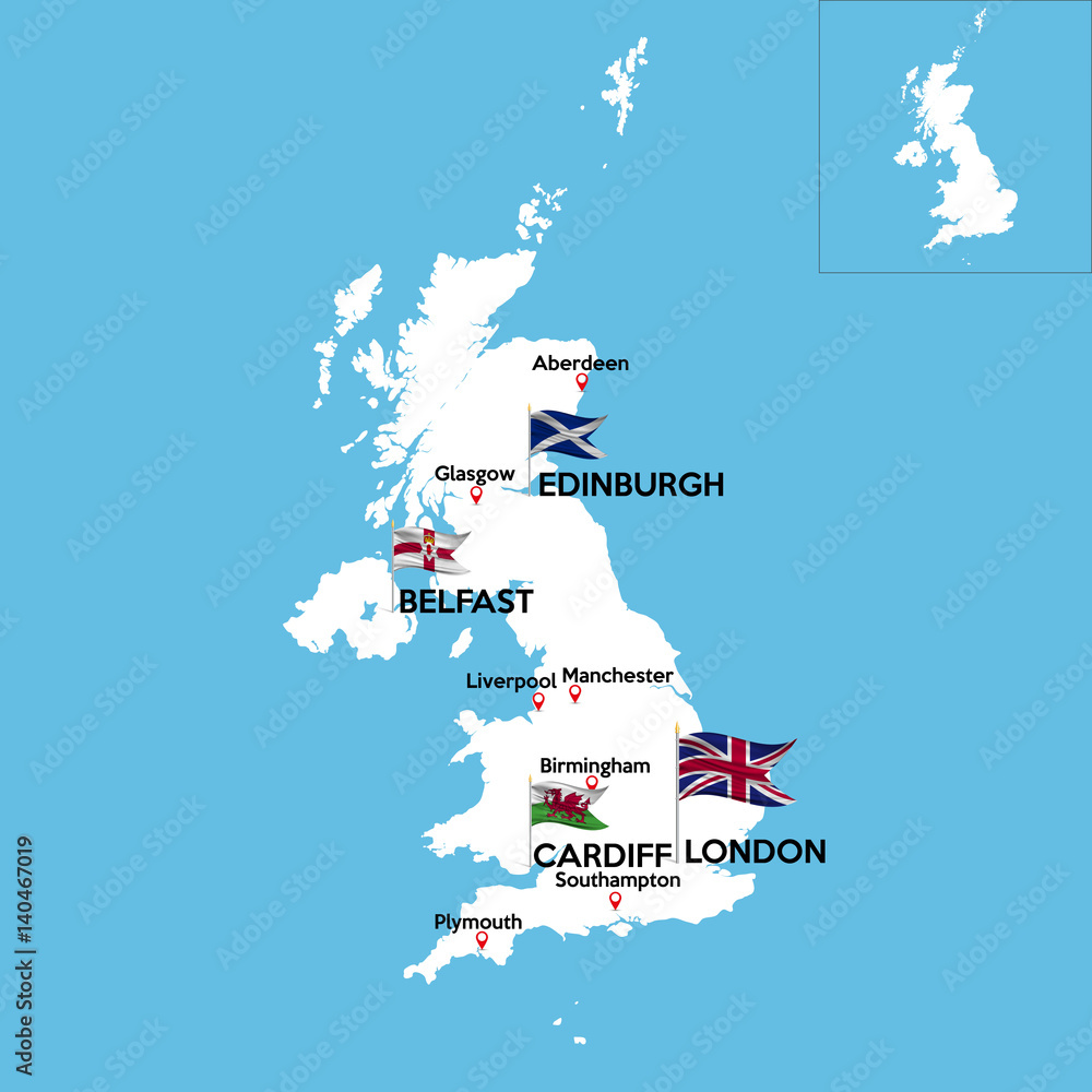 Naklejka premium A detailed map of Great Britain with indexes of major cities of the country. National flag of the state. Vector illustration.