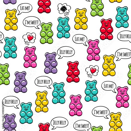 Jelly gummy bears with text bubbles seamless pattern.