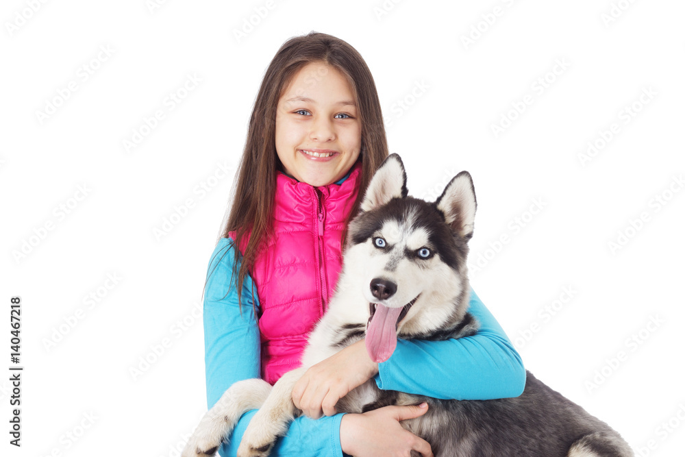Girl and Siberian husky on white background