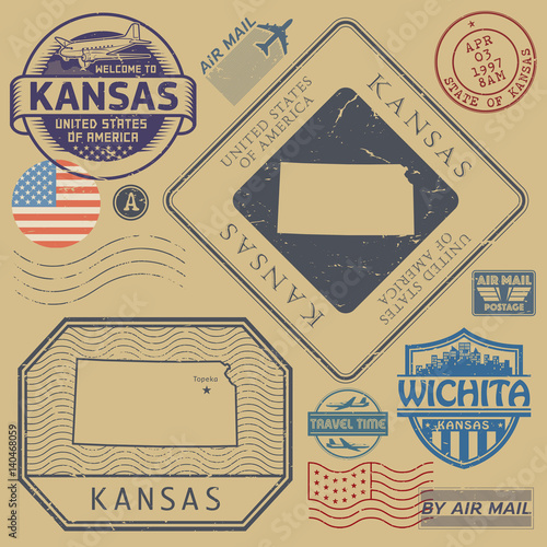 Retro vintage postage stamps set Kansas, United States