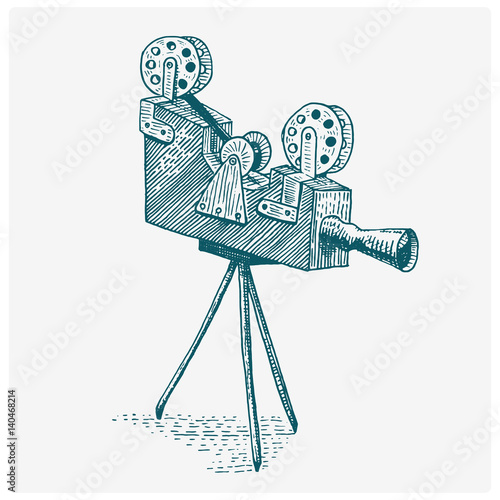 Photo movie or film camera vintage, engraved, hand drawn in sketch or wood cut style, old looking retro lens, isolated vector realistic illustration