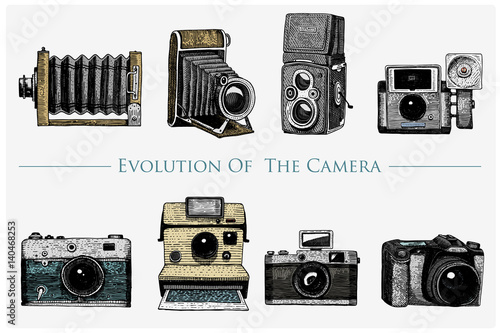 evolution of the photo, video, film, movie camera from first till now vintage, engraved hand drawn in sketch or wood cut style, old looking retro lens, isolated vector realistic illustration
